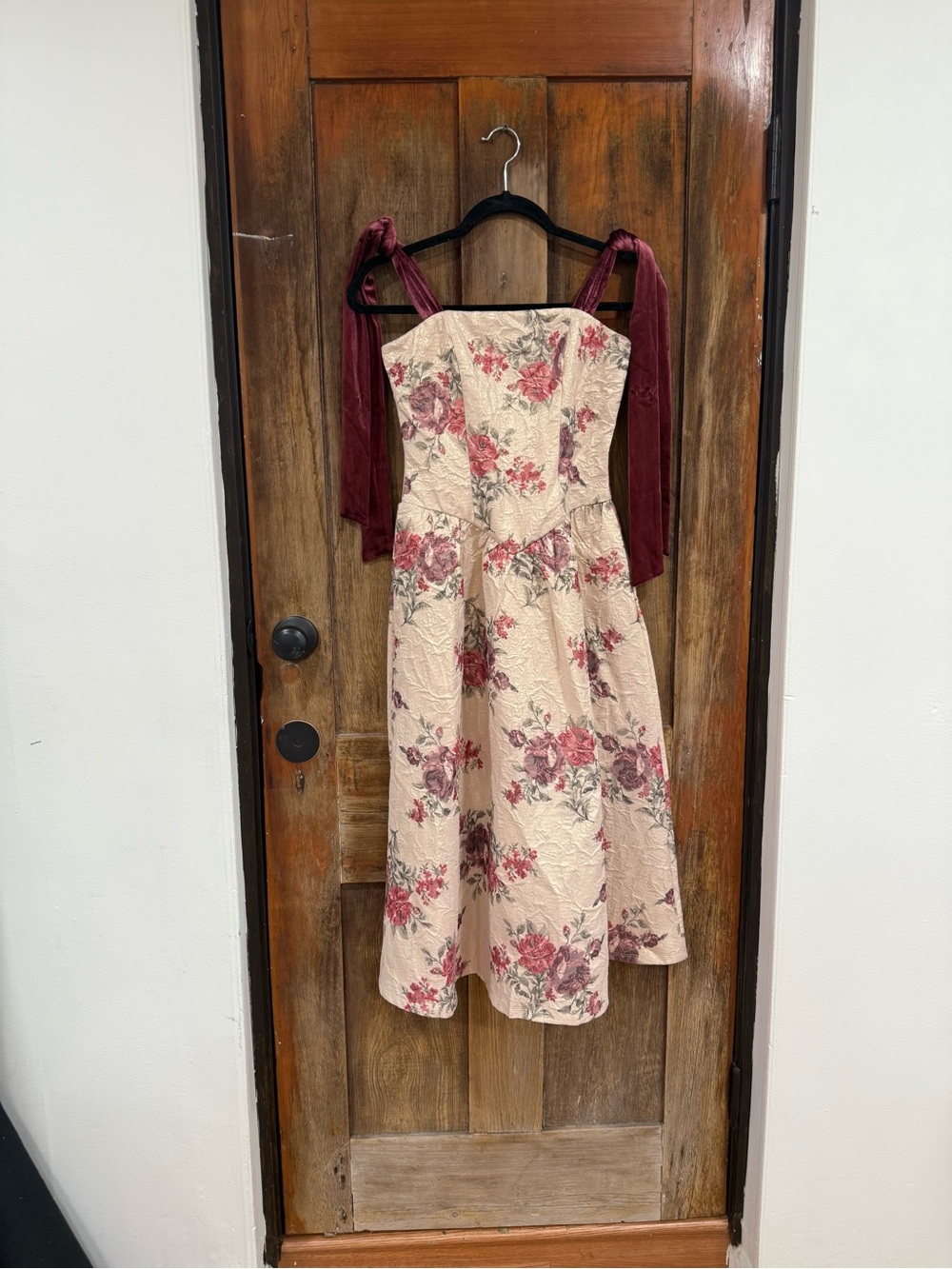 Francesca's Cream Strapless Floral Midi Dress with Burgundy Sash